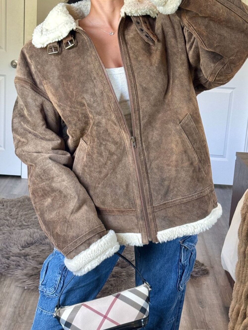Vintage Wilsons Leather Brown Suede Aviator Jacket Mens L Sherpa Moto Buckle